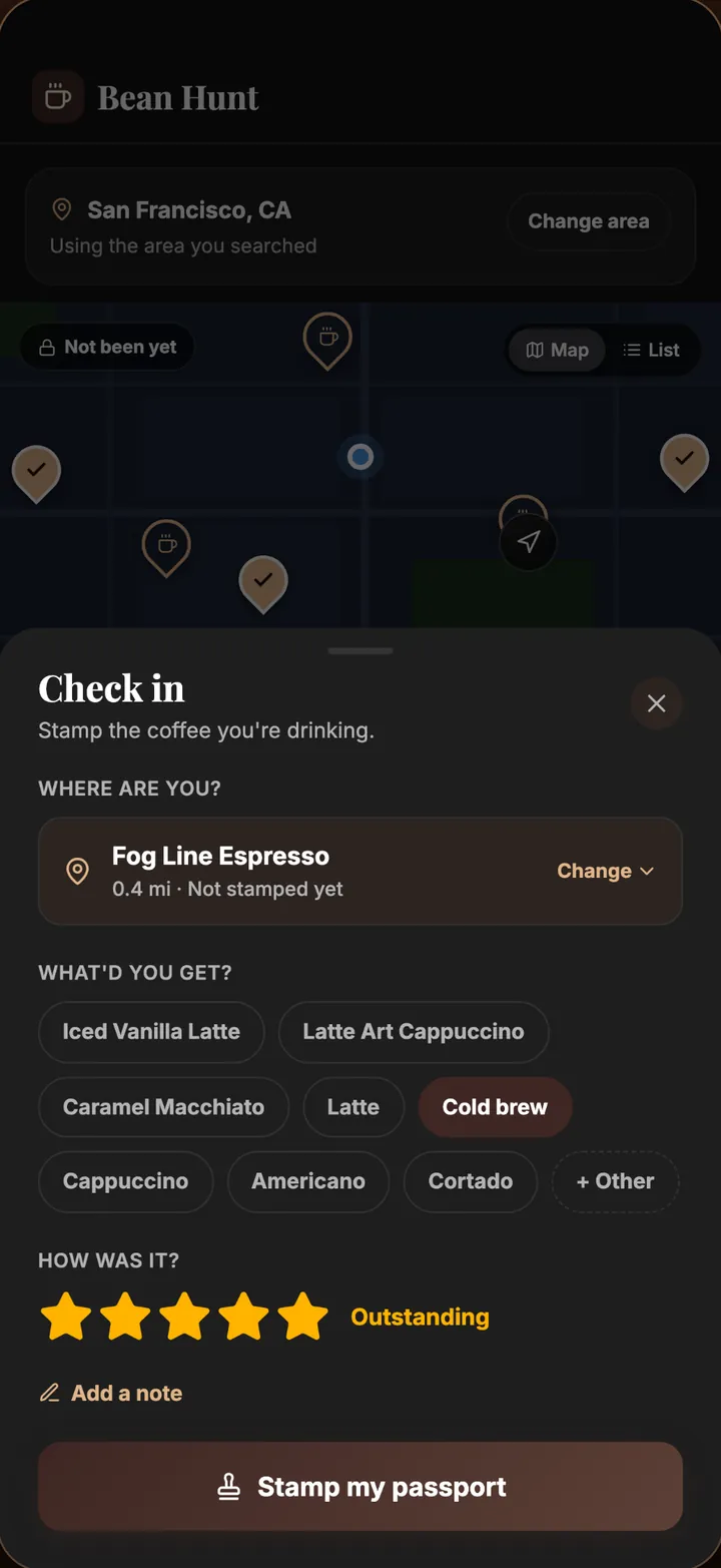 Check-in sheet with Fog Line Espresso selected, cold brew picked from a list of drinks, and a five star rating, above a Stamp my passport button.