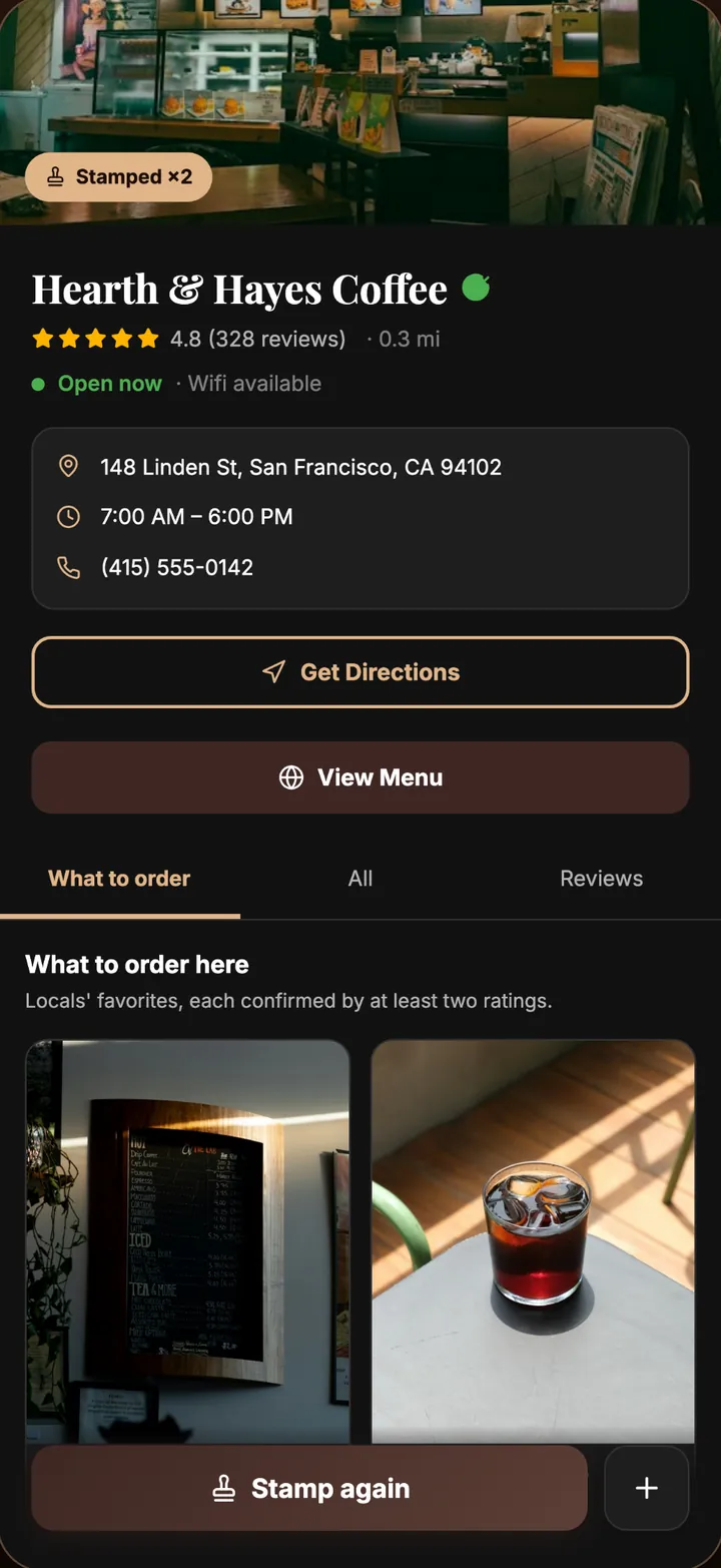 Café page for Hearth & Hayes Coffee showing its 4.8 star rating, open hours, directions, and the drinks locals order most.